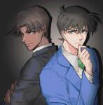  2boys back-to-back black_hair black_jacket blue_eyes blue_jacket brown_hair closed_mouth collared_shirt crossed_arms green_eyes green_necktie grey_background hair_between_eyes hand_to_own_mouth hattori_heiji jacket kudou_shin&#039;ichi kurokawa_karasu light_smile looking_at_viewer male_focus meitantei_conan multiple_boys necktie pale_skin parted_bangs shirt short_hair suit_jacket tan upper_body white_shirt 