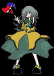  1girl absurdres black_footwear breasts commentary english_commentary full_body green_eyes green_skirt grey_hair hair_over_eyes heart highres koishi_komeiji&#039;s_heart-throbbing_adventure komeiji_koishi long_sleeves looking_at_viewer medium_hair open_mouth sentaku-bune shirt skirt solo third_eye touhou yellow_shirt 