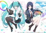  2girls absurdly_long_hair aqua_eyes aqua_hair aqua_necktie black_footwear black_hair black_jacket black_skirt black_sleeves blazer blue_hair blush boots breasts closed_mouth color_picker commentary_request company_name copyright_notice detached_sleeves full_body gradient_hair hatsune_miku highres holding holding_paintbrush holding_palette holding_stylus holding_tablet_pc hoshino_ichika_(project_sekai) jacket long_hair looking_at_viewer medium_breasts multicolored_hair multiple_girls necktie notebook number_tattoo paint_tube paintbrush palette_(object) pencil pleated_skirt project_sekai rangu red_necktie shirt shoulder_tattoo simple_background skirt sleeveless sleeveless_shirt smile striped_necktie stylus tablet_pc tattoo thigh_boots thigh_strap very_long_hair watercolor_effect white_background white_necktie window_(computing) 