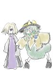  2girls black_footwear black_headwear blonde_hair buttons colored_skin diamond_button dress full_body green_eyes green_hair hair_over_one_eye hat highres koishi_komeiji&#039;s_heart-throbbing_adventure komeiji_koishi long_sleeves multiple_girls open_mouth purple_tabard ribbon sentaku-bune shirt shoes short_hair skirt smile standing tabard third_eye touhou violet_eyes white_background white_dress white_skin yakumo_yukari yellow_shirt 