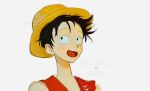  1boy black_hair close-up hat linerynlasgalen looking_to_the_side looking_up male_focus monkey_d._luffy one_piece open_mouth red_shirt scar scar_on_face shirt short_hair simple_background sleeveless sleeveless_shirt solo straw_hat white_background 