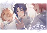  3boys :o aiue_o_eiua blue_eyes blue_hair blush brown_hair closed_eyes commentary_request english_text happy_birthday highres holding holding_paper hood hoodie idolish7 indoors izumi_iori izumi_mitsuki knit_sweater looking_at_another male_focus multiple_boys musical_note nanase_riku open_mouth paper parted_bangs reading red_eyes redhead short_hair smile sweater thumbs_up upper_body white_hoodie white_sweater window 