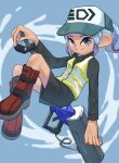  1girl baseball_cap black_shorts blue_background blue_eyes blue_hair closed_mouth commentary_request e-liter_4k_(splatoon) full_body gradient_hair gun hat highres holding holding_gun holding_weapon medium_hair multicolored_hair nastar_r0 octoling octoling_girl ponytail purple_hair shorts simple_background smile solo splatoon_(series) splatoon_3 tentacle_hair two-tone_hair weapon 