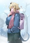  1girl animal_ears arknights blue_jacket blue_tail blurry blurry_background brown_hair commentary_request heka=ton highres jacket long_sleeves purple_bag scarf snow solo utage_(arknights) violet_eyes winter winter_clothes 