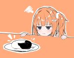  1girl :t blush bow cafe_stella_to_shinigami_no_chou closed_mouth commentary doughnut food frown hair_between_eyes hair_bow hair_intakes hair_ornament hair_scrunchie hairclip head_only highres jitome looking_at_food notice_lines orange_background orange_hair orange_theme scrunchie side_ponytail silver116 simple_background solo squiggle sumizome_nozomi v-shaped_eyebrows violet_eyes weight_conscious white_bow white_scrunchie x_hair_ornament 