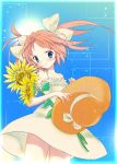  blue_eyes blush dress flower hat kantaro original red_hair redhead shoulders solo sundress sunflower twintails 