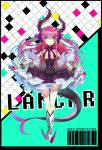  1girl barcode binary blue_eyes claws deba detached_sleeves dress fate/extra_ccc fate_(series) horns lancer_(fate/extra_ccc) long_hair pink_hair pointy_ears pointy_shoes solo tail two_side_up 