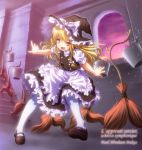  1girl apron blonde_hair bow broom bucket disney fantasia hair_bow hat kirisame_marisa mary_janes mickey_mouse_(series) pantyhose parody rendo shoes solo team_shanghai_alice the_sorcerer&#039;s_apprentice touhou water white_legwear witch_hat yellow_eyes 