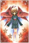  angel angel_wings barefoot black blue_eyes blush brown_hair demon demon_girl devil dual_persona emperpep feathered_wings feet flat_chest halo long_sleeves multiple_wings pentagram seraph seraphim short_hair shorts smile star traditional_media watercolor_(medium) wings 