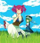 blush bouquet breasts cleavage closed_eyes cloud clouds finger_to_face flower green_eyes green_hair grin hair_bobbles hair_ornament hand_to_cheek hat highres ibe_(artist) large_breasts multiple_girls nature onozuka_komachi outdoors red_hair redhead rod_of_remorse shikieiki_yamaxanadu sky smile spider_lily touhou twintails 