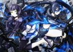  absurdres arm_cannon black_hair black_rock_shooter black_rock_shooter_(character) blue_eyes boots bow chain choker claws coat dead_master gloves glowing_eye green_eyes gun hal_(artist) highres horns long_hair midriff multiple_girls purple_hair ribbon scythe serious shoes shorts smile star twintails weapon 