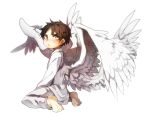  1boy angel_wings barefoot black_hair blush feathered_wings kazutani_ninshi kneeling levi_(shingeki_no_kyojin) multiple_wings shingeki_no_kyojin solo wings yellow_eyes 