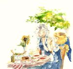  cake food gogo/tad izayoi_sakuya kirisame_marisa multiple_girls outdoors smile table touhou traditional_media watercolor_(medium) 