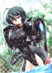  armor black_hair bodysuit character_request curvy fifteen_hounds glowing licking purple_eyes segami_daisuke short_hair thighs violet_eyes wading water 