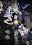  bikini_top black_hair black_rock_shooter black_rock_shooter_(character) blue_eyes bone chain checkered choker dead_master glowing glowing_eyes green_eyes highres kuroi_mato long_hair plastick scar school_uniform scythe skirt spine star takanashi_yomi twintails weapon 