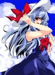  bare_shoulders blue_hair breasts cleavage cloud hat kamishirasawa_keine long_hair red_eyes sky sleeveless smile solo sun_hat touhou 