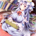  1girl book bow breasts capelet crescent dress hat library long_hair matamataro patchouli_knowledge purple_hair ribbon sitting solo touhou violet_eyes voile wariza 