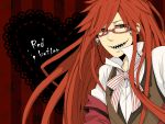  dress_shirt earrings glasses green_eyes grell_sutcliff grin heart jewelry kuroshitsuji long_hair male redhead ribbon sharp_teeth smile vest 