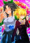  black_hair blonde_hair blush bow casual green_eyes grin hair_bow hands mizuhashi_parsee multiple_girls pointy_ears red_eyes reiuji_utsuho shimuni short_hair smile teeth touhou v 