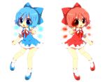 achi_cirno alternate_color alternate_element blue_eyes blue_hair blue_plan bow cirno dual_persona fiery_wings fire hair_bow ice mirror_opposites multiple_girls red_eyes red_hair redhead short_hair symmetry touhou wings 