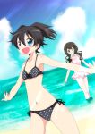  absurdres bad_id beach bikini black_hair black_rock_shooter blue_eyes casual_one-piece_swimsuit dutch_angle green_eyes highres kuroi_mato long_hair massala multiple_girls one-piece_swimsuit outstretched_arms polka_dot polka_dot_bikini polka_dot_swimsuit short_hair side-tie_bikini spread_arms swimsuit takanashi_yomi twintails wading water 