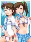  bikini brown_eyes brown_hair front-tie_top futami_ami futami_mami glasses idolmaster idolmaster_2 midriff mouth_hold multiple_girls navel necktie open_clothes open_shirt rough_time_school school_uniform shiina_you_(tomoshibi) shirt short_hair siblings side-tie_bikini side_ponytail swimsuit swimsuit_under_clothes tomo_shibi twins undressing 