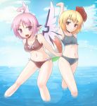  ahoge animal_ears armpits ayagi_daifuku ball bare_shoulders beachball belly bikini blonde_hair breasts cleavage earrings fang flat_chest hair_ribbon jewelry large_breasts midriff multiple_girls mystia_lorelei navel pink_hair purple_hair red_eyes ribbon rumia stretch swimsuit touhou wading water wet wings 