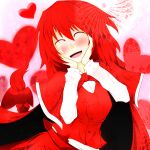  blush bow braid cape closed_eyes hands_on_own_face heart okazaki_yumemi open_mouth red red_hair redhead smile solo touhou touhou_(pc-98) 