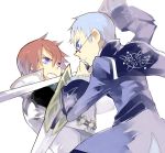  asbel_lhant battle blue_eyes blue_hair brothers brown_hair frills glasses hubert_ozwell male multiple_boys siblings sword tales_of_(series) tales_of_graces weapon white_background zenmai 