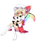  blonde_hair blush doll doll_hug ear_biting feet flandre_scarlet hat hug looking_at_viewer mouth_hold no_shoes panda red_eyes short_hair side_ponytail simple_background sitting smile socks stuffed_animal stuffed_toy tears touhou uro wings 