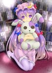  bad_id book crescent crescent_moon hat highres libus long_hair pantyhose patchouli_knowledge purple_eyes purple_hair smile solo stuffed_animal stuffed_toy touhou violet_eyes 