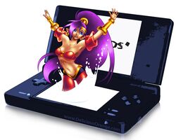  bare_shoulders blue_eyes bracer detached_sleeves earrings ian_c jewelry long_hair midriff navel nintendo_ds o-ring_bikini_top pointy_ears ponytail purple_hair shantae shantae_(series) through_screen very_long_hair 