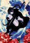  bad_id black_hair black_rock_shooter black_rock_shooter_(character) blue_eyes boots flower gloves highres midriff peony_(flower) solo tsuyomaru twintails 