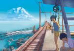  cloud clouds couple dock heian_(heian11) ocean railroad_tracks sandals scenery shorts sky town train train_station 