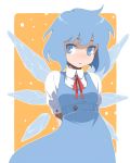  1girl arms_behind_back blue_eyes blue_hair blush cirno dress freckles looking_at_viewer maskman short_hair simple_background solo touhou white_background 