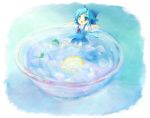  blue_eyes blue_hair cirno fading_borders food fruit ice ice_cube in_food lemon minigirl touhou water 