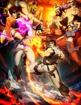  bun_cover chest_hair china_dress chinese_clothes chun-li confrontation crossover double_bun double_buns dougi electricity epic fingerless_gloves fire genzoman gloves guile headband hibiki_dan highres king_(tekken) ling_xiaoyu mishima_kazuya mokujin muscle pantyhose paul_phoenix ryu ryuu_(street_fighter) scar short_twintails shoryuken street_fighter street_fighter_x_tekken tekken thumbs_up toeless_socks topless twintails wrestler zangief 