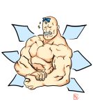  alex_louis_armstrong alex_luis_armstrong blue_hair bow cirno cirno_(cosplay) closed_eyes cosplay crossover facial_hair fullmetal_alchemist male manly muscle mustache parody saku_(osake_love) shirtless solo sparkle touhou what wings 