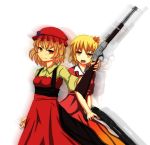  aki_minoriko aki_shizuha bad_hands blonde_hair breasts doyouwantto dress food fruit grapes gun hair_ornament hat highres leaf multiple_girls rifle short_hair shotgun siblings sisters touhou weapon winchester_model_1894 winchester_model_1897 yellow_eyes 