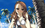  blush brown_eyes brown_hair cozy futami_ami futami_mami highres idolmaster idolmaster_2 minase_iori palm_tree solo swimsuit tree wallpaper 