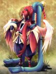  hira_taira katana long_hair ponytail red_hair redhead sheath sheathed shide solo sword very_long_hair weapon wings yellow_eyes 