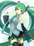  detached_sleeves green_eyes green_hair hatsune_miku headset long_hair necktie sakuyamochi skirt smile solo thigh-highs thighhighs twintails very_long_hair vocaloid 
