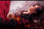  1boy black_hair castle curtains emiya_kiritsugu fate/zero fate_(series) fley3black flower highres sleeping snowing solo 