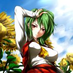  ascot bad_id between_breasts breasts bust copycat_(dryfood) copycat_(homura) derivative_work erect_nipples flower green_hair hand_on_head impossible_clothes impossible_shirt kazami_yuuka large_breasts nature plaid plaid_skirt plaid_vest red_eyes shirt short_hair skirt skirt_set solo sunflower touhou 