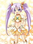  blue_eyes boots choker collarbone cosplay cure_sunshine cure_sunshine_(cosplay) dress futari_wa_precure gloves hair_ribbon heart heart_background heartcatch_precure! highres hiiragi_kagami long_hair lucky_star magical_girl mai_(t-5) mai_t-5 midriff navel precure purple_hair ribbon smile solo tsurime twintails yellow_background yellow_dress 