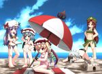  barefoot bat_wings beach bikini breasts camera cross flag flandre_scarlet hat highres hong_meiling izayoi_sakuya jewelry laevatein mechanical_pencil multiple_girls navel necklace noya one-piece_swimsuit patchouli_knowledge pencil pink_school_swimsuit playstation_portable psp remilia_scarlet sand_castle school_swimsuit side-tie_bikini side_ponytail swimsuit touhou umbrella under_boob underboob wings 