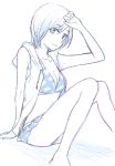  1girl barefoot blue breasts cleavage face lineart love_plus monochrome peg short_hair sketch solo swimsuit takane_manaka 