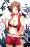  arm_behind_back bad_id belt bottle breasts brown_eyes brown_hair cleavage fingernails glass large_breasts meiko midriff miniskirt nails navel nikon short_hair skirt solo star vest vocaloid 