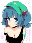  &gt;:) 1girl bare_shoulders blue_hair breasts bust cleavage face ica kawashiro_nitori large_breasts smile solo strap_slip tank_top touhou translated twintails 