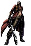  1boy belt_buckle boots capcom closed_mouth coat dante devil_may_cry full_body gloves hair_over_one_eye highres holding holding_sword holding_weapon male marvel_vs._capcom marvel_vs._capcom_3 marvel_vs_capcom official_art pants rebellion_(sword) red_coat shinkiro shirtless silver_hair simple_background solo standing sword trench_coat unzipped weapon white_background zipper 